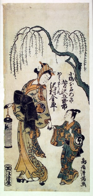 Japanese Print "Yoshizawa Goroichi as Koume and Sawamura Kimpei as the Boy Hodomaru" by Torii Kiyomitsu, 鳥居清満 (Torii Kiyomitsu)