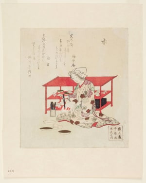 Japanese Print "Red (Aka): Woman Decorating a Saucer with Red Paint" by Takashima Chiharu, 高島千春 (Takashima Chiharu)