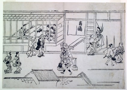 Japanese Print "In Front of the House Takashimaya" by Hishikawa Moronobu, 菱川師宣 (Hishikawa Moronobu)