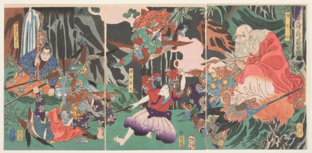 Japanese Print "Ushiwakamaru Learns Martial Arts from Sōjōbō" by Tsukioka Yoshitoshi, 月岡芳年 (Tsukioka Yoshitoshi 月岡 芳年)
