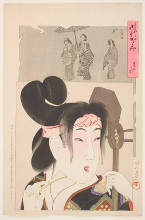 Japanese Print "Beauty of the Kan'ei Era (Kan'ei no koro): Woman Holding a Samisen and a Plectrum" by Toyohara Chikanobu, 豊原周延 (Toyohara Chikanobu)