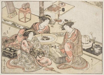 Japanese Print "Young Women of Yamashiroya Karahata and Shirado Playing Sukeroku, Matsukaze seated before a Hibachi" by Katsukawa Shunsho, 勝川春章 (Katsukawa Shunshō 勝川 春章, Kitao Shigemasa 北尾 重政)