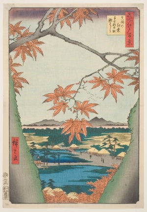 Utagawa Hiroshige, 歌川広重 (Utagawa Hiroshige I 歌川 広重)创作的日本版画《Maple Trees at Mama, Tekona Shrine and Linked Bridge (Mama no momiji Tekona no yashiro Tsugihashi)》