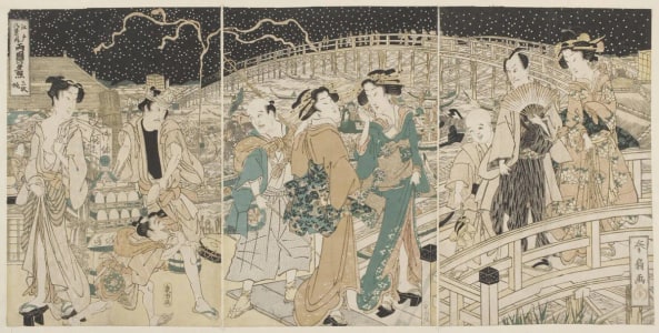 Japanese Print "Evening Glow at Ryōgoku Bridge (Ryōgoku no sekishō)" by Katsukawa Shunsen, 勝川春扇 (Katsukawa Shunsen 勝川 春扇)