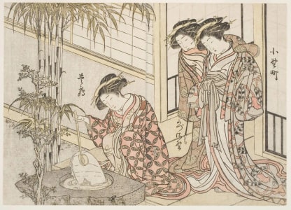 Japanese Print "Frosty Morning at Maruya" by Kitao Shigemasa, 北尾重政 (Kitao Shigemasa 北尾 重政, Katsukawa Shunshō 勝川 春章)