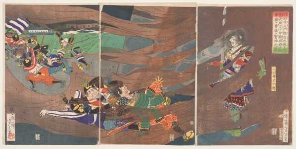 Japanese Print "Odai Matarokurō Sets Fire to His Palace and Dies in the Flames Terrifying the Enemy Troops with His Courage" by Tsukioka Yoshitoshi, 月岡芳年 (Tsukioka Yoshitoshi 月岡 芳年)
