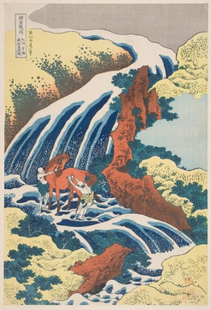 Japanese Print "The Waterfall Where Yoshitsune Washed His Horse at Yoshino in Yamato Province" by Katsushika Hokusai, 葛飾北斎 (Katsushika Hokusai 葛飾 北斎)