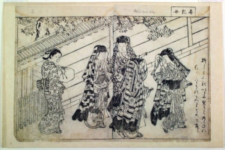 Japanese Print "Eloquent Nursemaid (Ben no Uba)-double-page illustration (sheets 13-14) from volume I of the book Ehon Tokiwa-gusa (Picture Book of Evergreens)" by Nishikawa Sukenobu, 西川祐信 (Nishikawa Sukenobu)
