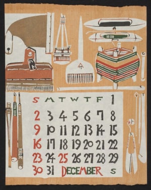 Estampe japonaise "December, 1973 – Tools for Spinning, Weaving and Dyeing Cloth" par Nishijima, Takeshi