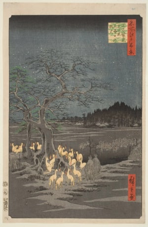 Utagawa Hiroshige, 歌川広重 (Utagawa Hiroshige I 歌川 広重)创作的日本版画《New Year's Eve Foxfires at the Changing Tree, Ōji》