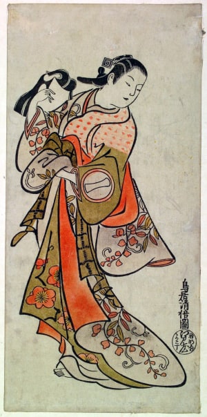 Japanese Print "Ichikawa Monnosuke I as a Courtesan Holding the Wig for a Man's Role" by Torii Kiyomasu II, 鳥居清倍 (Torii Kiyomasu II)