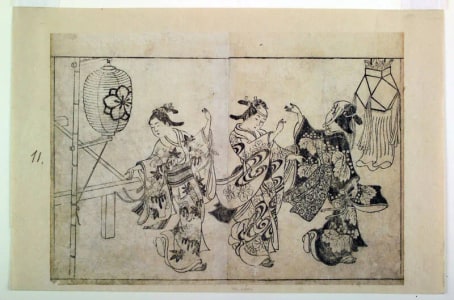 Japanese Print "Three Girls Dancing the Bon Odori-double-page illustration (sheets 11-12) from volume II of the book Ehon Tokiwa-gusa (Picture Book of Evergreens)" by Nishikawa Sukenobu, 西川祐信 (Nishikawa Sukenobu)