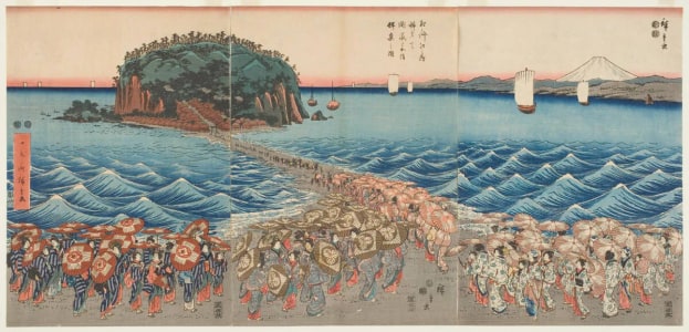 Japanese Print "Crowds Visiting the Shrine of Benzaitenat Enoshima" by Utagawa Hiroshige, 歌川広重 (Utagawa Hiroshige I 歌川 広重)
