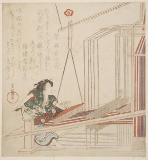 Japanese Print "A Woman Seated at a Loom Engaged in Weaving a Piece of Brocade" by Yanagawa Shigenobu, 柳川重信 (Yanagawa Shigenobu)