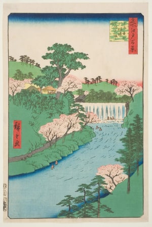 Japanese Print "Dam on the Otonashi River at Ōji, Popularly Known as “The Great Waterfall” (Ōji Otonashigawa entai, sezoku Ōtaki to tonau)" by Utagawa Hiroshige, 歌川広重 (Utagawa Hiroshige I 歌川 広重)