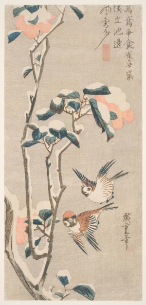 Japanese Print "Snow-Laden Camellias and Tree Sparrows" by Utagawa Hiroshige, 歌川広重 (Utagawa Hiroshige I 歌川 広重)