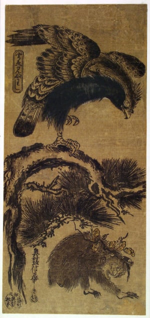 Japanese Print "Eagle, Monkey and Pine ("Ue-minu washi")" by Okumura Masanobu, 奥村政信 (Okumura Masanobu 奥村 政信)