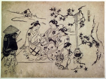 Japanese Print "Heating Sake with a Fire of Maple Leaves (Kanzake Momiji-gari)" by Okumura Masanobu, 奥村政信 (Okumura Masanobu 奥村 政信)