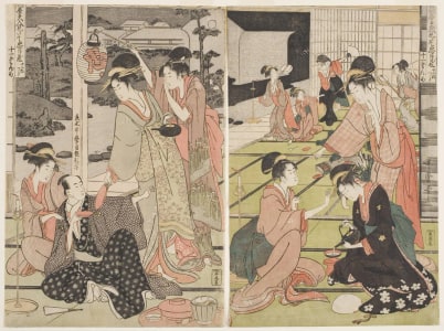 Japanese Print "The Chushingura Drama Parodied by Famous Beauties: A Set of Twelve Prints-Act 11 (Komei bijin mitate chushingura junimai tsuzuki: juichi-danme)" by Kitagawa Utamaro, 喜多川歌麿 (Kitagawa Utamaro I 喜多川 歌麿)