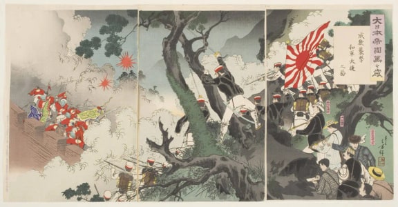 Mizuno Toshikata, 水野年方 (Mizuno Toshikata)创作的日本版画《Hurrah! Hurrah! For the Great Japanese Empire! Picture of the Assault on Songhwan, A Great Victory for our Troops》