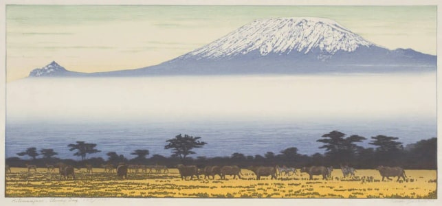 Japanese Print "Kilimanjaro, Cloudy Day" by Yoshida Toshi, 吉田遠志 (Toshi Yoshida)