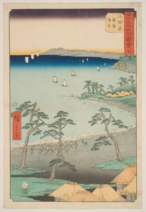Japanese Print "No. 10, Odawara: Fishing Huts on the Beach (Odawara, kaigan gyosha)" by Utagawa Hiroshige, 歌川広重 (Utagawa Hiroshige I 歌川 広重)