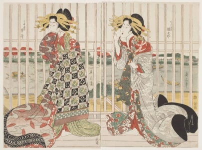 Japanese Print "The Courtesans Hinaya and Karauta Behind the Barred Window of Chojiya House by Sumida River in the Cherry Blossom Season" by Kikugawa Eizan, 菊川英山 (Kikukawa Eizan 菊川 英山)