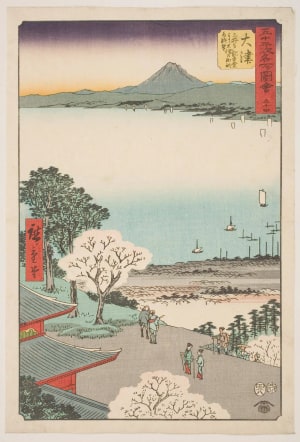 Japanese Print "No. 54, Ōtsu: View of Lake Biwa and Town of Ōtsu from Kannon Hall of Mii Temple (Ōtsu, Miidera Kannondō yori Ōtsu no machi kosui chōbō)" by Utagawa Hiroshige, 歌川広重 (Utagawa Hiroshige I 歌川 広重)