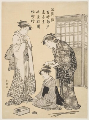 Japanese Print "Courtesan Arranging the Hair of her Kamuro as a Shinzo Looks On" by Katsukawa Shuncho, 勝川春潮 (Katsukawa Shunchō 勝川 春潮)