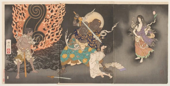 Japanese Print "Fudo Myoo Threatening young Yuten Shōnin" by Tsukioka Yoshitoshi, 月岡芳年 (Tsukioka Yoshitoshi 月岡 芳年)