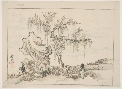 Japanese Print "A Sea Shore View of a Jagged Rock and a Tree with Moss Hanging from its Branches" by Kawanabe Kyosai, 河鍋暁斎 (Kawanabe Kyosai)