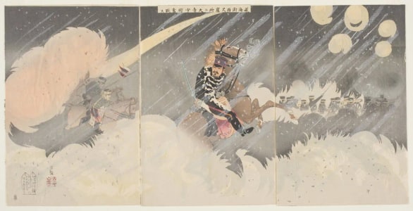 Japanese Print "Major General Odera Fighting Bravely at the "Hundred-Foot Cliff" near Weihaiwei" by Kobayashi Kiyochika, 小林清親 (Kobayashi Kiyochika 小林 清親)