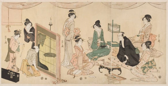 Hosoda Eishi, 細田栄之 (Hosoda Eishi)创作的日本版画《A Young Man of Leisure Being Entertained by Geisha and a Jester》