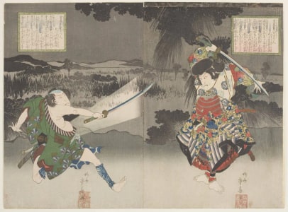 Estampe japonaise "Arashi Rikan II as Inuzuka Shino Moritake and Nakamura Utaemon III, Inukai Kenpachi Michinobu in the Rooftop Battle at Horyukaku from "The Eight Loyal Dogs of the House of Satomi" Series (Satomike Hakkenshi No uchi Ichinin)" par Ryusai Shigeharu