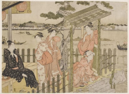 Hosoda Eishi, 細田栄之 (Hosoda Eishi)创作的日本版画《Fishing at Nakazu Teahouse on the Sumida River》