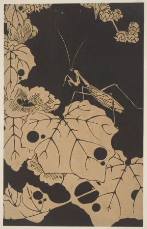 Jakuchu, 伊藤若冲 (Jakuchu Ito)创作的日本版画《Hibiscus (Bussoge; also called Rosemallow or Rose of China; plant from the Malvaceae family) and Praying Mantis》