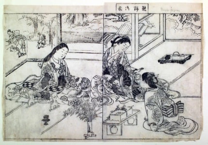 Japanese Print "Yuya-gozen (Yuya-gozen)-double-page illustration (sheets 15-16) from volume I of the book Ehon Tokiwa-gusa (Picture Book of Evergreens)" by Nishikawa Sukenobu, 西川祐信 (Nishikawa Sukenobu)