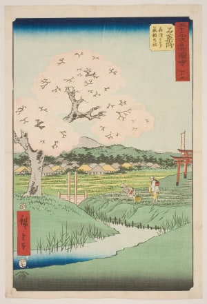 Japanese Print "No. 45, Ishiyakushi: Yoshitsune's Cherry Tree and the Shrine to Noriyori" by Utagawa Hiroshige, 歌川広重 (Utagawa Hiroshige I 歌川 広重)