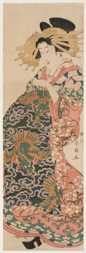 Japanese Print "Standing Courtesan with Winged Dragon Obi" by Katsukawa Shunsen, 勝川春扇 (Katsukawa Shunsen 勝川 春扇)