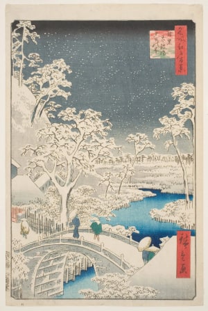 Japanese Print "Meguro Drum Bridge and Sunset Hill (Meguro Taikobashi Yūhinooka)" by Utagawa Hiroshige, 歌川広重 (Utagawa Hiroshige I 歌川 広重)