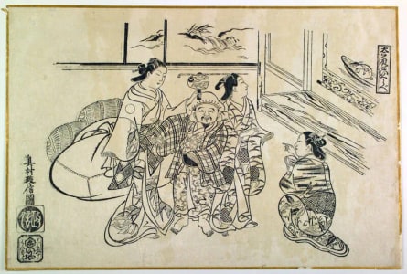 Japanese Print "Measuring the Height of Daikoku as compared with that of a Shinzo (Daikoku-dono sei kurabe)" by Okumura Masanobu, 奥村政信 (Okumura Masanobu 奥村 政信)