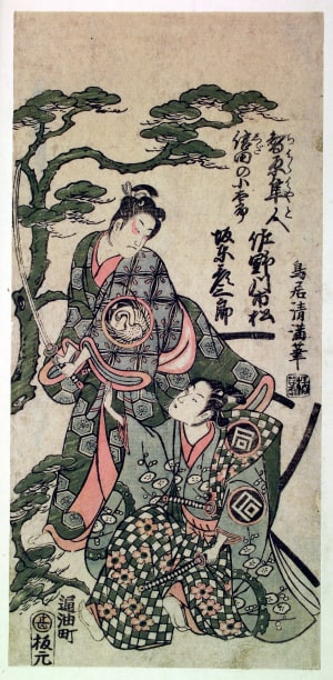 Japanese Print "The Kabuki Actors Bandō Hikosaburō II as the Samurai Shida no Kotarō and Sanogawa Ichimatsu I as Chihara Hayato" by Torii Kiyomitsu, 鳥居清満 (Torii Kiyomitsu)