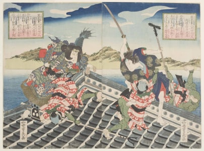 Estampe japonaise "Inuyama Dosetsu Tadatomo and Inukawa Sosuke Yoshito from "The Eight Loyal Dogs of the House of Satomi" Series (Hakkender)" par Ryusai Shigeharu