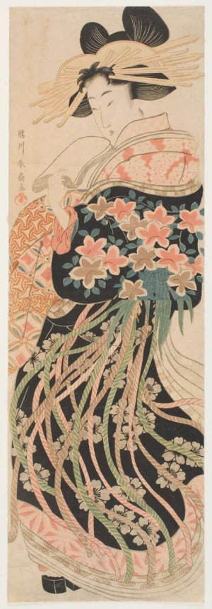 Japanese Print "Courtesan Walking to the Left Holding Tissues" by Katsukawa Shunsen, 勝川春扇 (Katsukawa Shunsen 勝川 春扇)