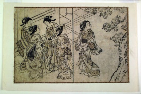 Japanese Print "A Matron and Four Young Women Viewing Cherry Blossoms near a Shrine-double-page illustration from an unidentified book" by Nishikawa Sukenobu, 西川祐信 (Nishikawa Sukenobu)