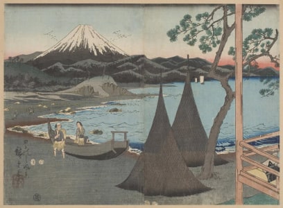 Japanese Print "A View of Tago on the Sea: The Fisherman's Nets and Boat on the Beach" by Utagawa Hiroshige, 歌川広重 (Utagawa Hiroshige I 歌川 広重)