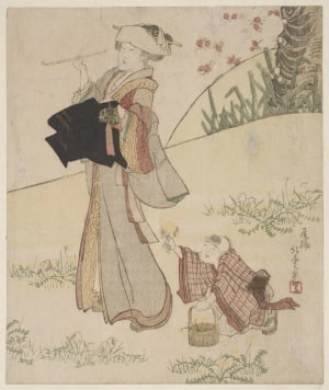 Japanese Print "Gathering Spring Flowers" by Katsushika Hokuun
