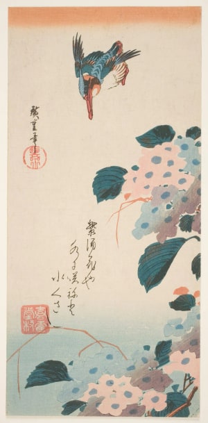 Japanese Print "Common Kingfisher and Hydrangeas" by Utagawa Hiroshige, 歌川広重 (Utagawa Hiroshige I 歌川 広重)