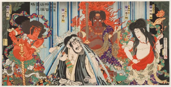 Japanese Print "Scene Below the Nachi Mountain Waterfall: Mongaku Shonin (Endo Morito) Saved by Fudo Myoo, and his Attendants Seitaka-doji and Kongara-doji" by Toyohara Kunichika, 豊原国周 (Toyohara Kunichika 豊原 国周)
