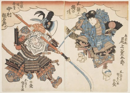Japanese Print "Nakamura Utaemon III as Musashibo Benkei and Onoe Kikugoro III as Ushiwakamaru in the Scene of Gojo Bridge" by Utagawa Kunisada, 歌川国貞 (Utagawa Kunisada I 歌川 国貞)